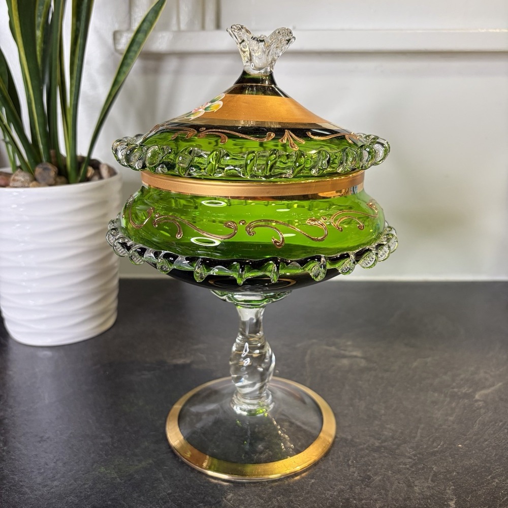 MCM Empoli M Glass Rigaree Compote Lidded Candy Dish Hand Painted Floral Gold